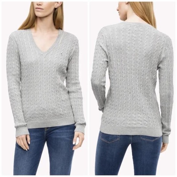 Tommy Hilfiger Gray Cable Knit V-Neck Sweater Size L - Picture 1 of 13